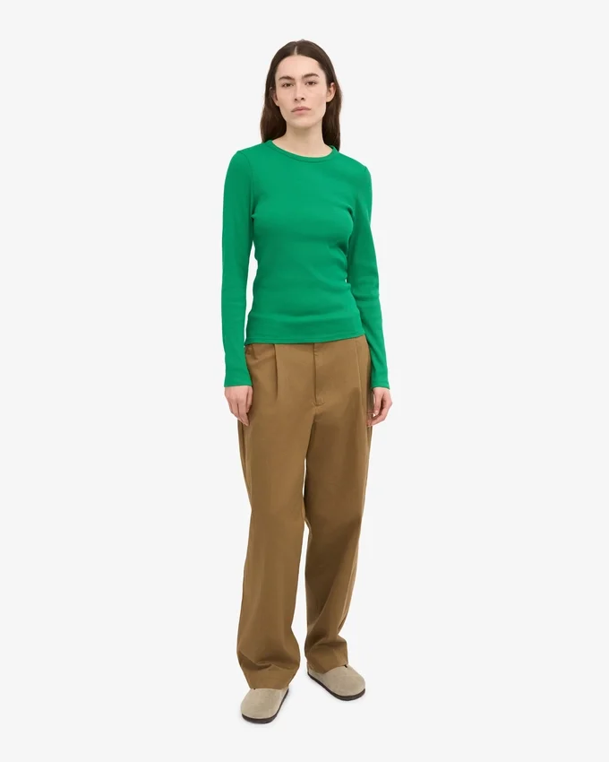 T-shirt à manches longues côtelé bio pour femme - Vert Kelly
