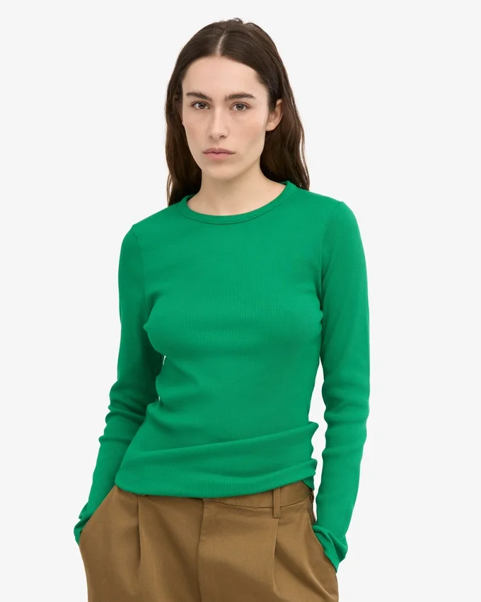 T-shirt à manches longues côtelé bio pour femme - Vert Kelly
