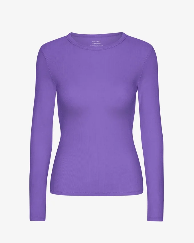 T-shirt à manches longues côtelé bio pour femme - Violet ultra