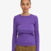 T-shirt à manches longues côtelé bio pour femme - Violet ultra