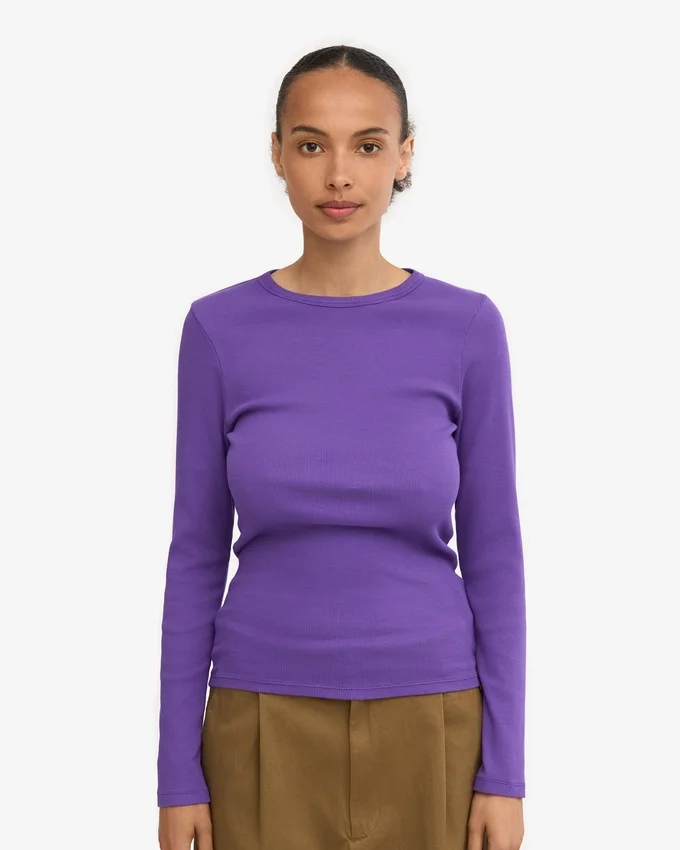 T-shirt à manches longues côtelé bio pour femme - Violet ultra
