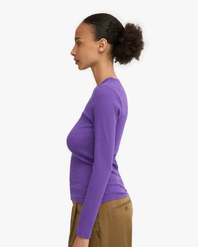 T-shirt à manches longues côtelé bio pour femme - Violet ultra