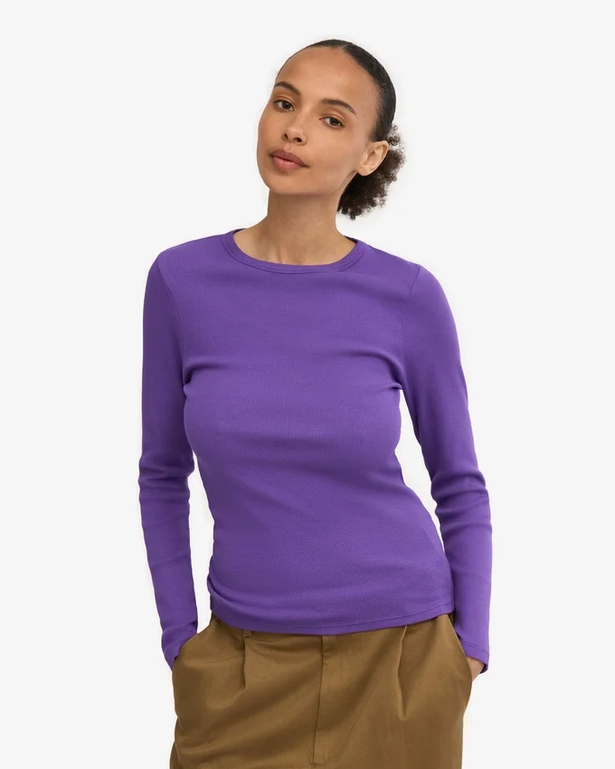 T-shirt à manches longues côtelé bio pour femme - Violet ultra