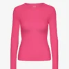T-shirt à manches longues en coton bio côtelé pour femme - Rose bubble-gum