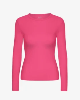 T-shirt à manches longues en coton bio côtelé pour femme - Rose bubble-gum