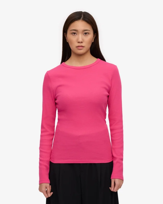T-shirt à manches longues en coton bio côtelé pour femme - Rose bubble-gum