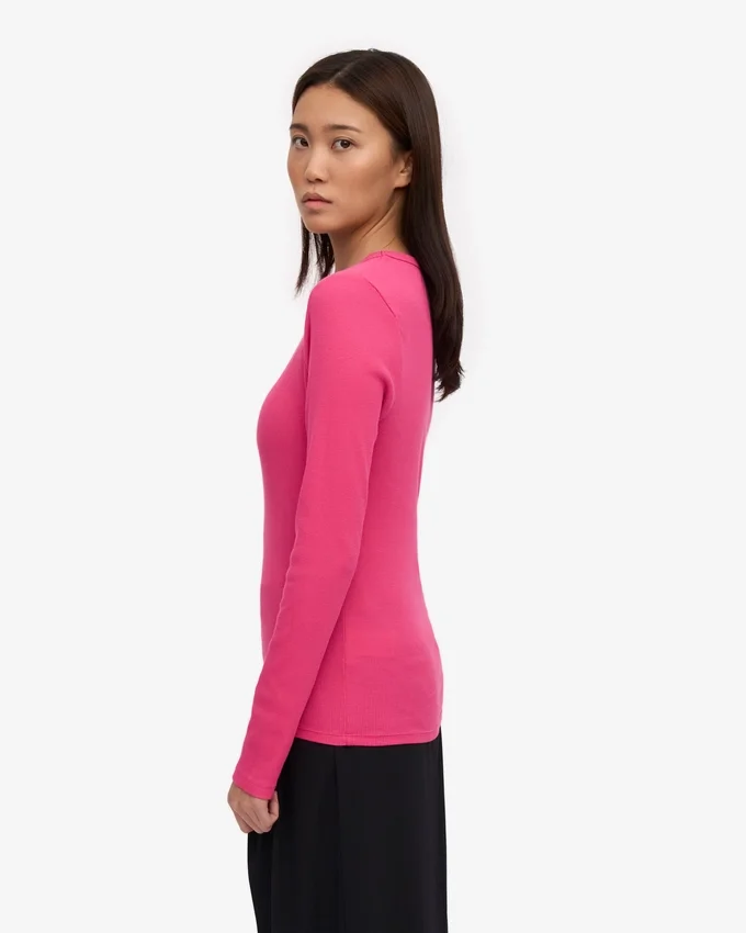 T-shirt à manches longues en coton bio côtelé pour femme - Rose bubble-gum