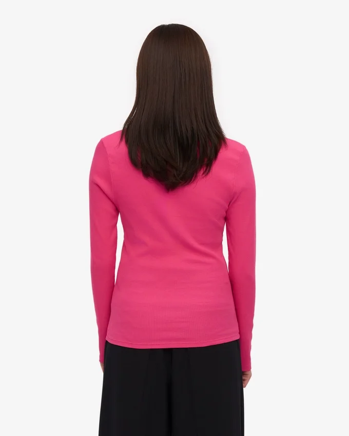 T-shirt à manches longues en coton bio côtelé pour femme - Rose bubble-gum
