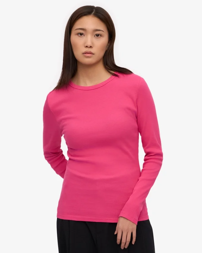 T-shirt à manches longues en coton bio côtelé pour femme - Rose bubble-gum