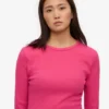 T-shirt à manches longues en coton bio côtelé pour femme - Rose bubble-gum