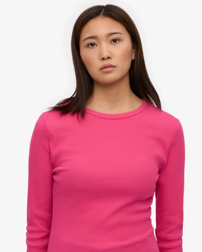 T-shirt à manches longues en coton bio côtelé pour femme - Rose bubble-gum