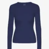 T-shirt à manches longues en coton bio à côtes pour femme - Bleu marine