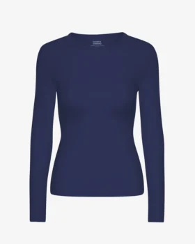 T-shirt à manches longues en coton bio à côtes pour femme - Bleu marine