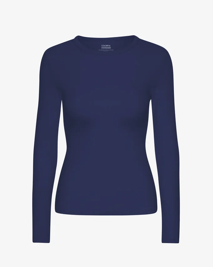 T-shirt à manches longues en coton bio à côtes pour femme - Bleu marine