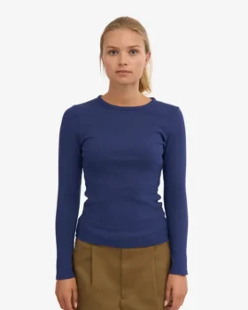 T-shirt à manches longues en coton bio à côtes pour femme – Bleu marine