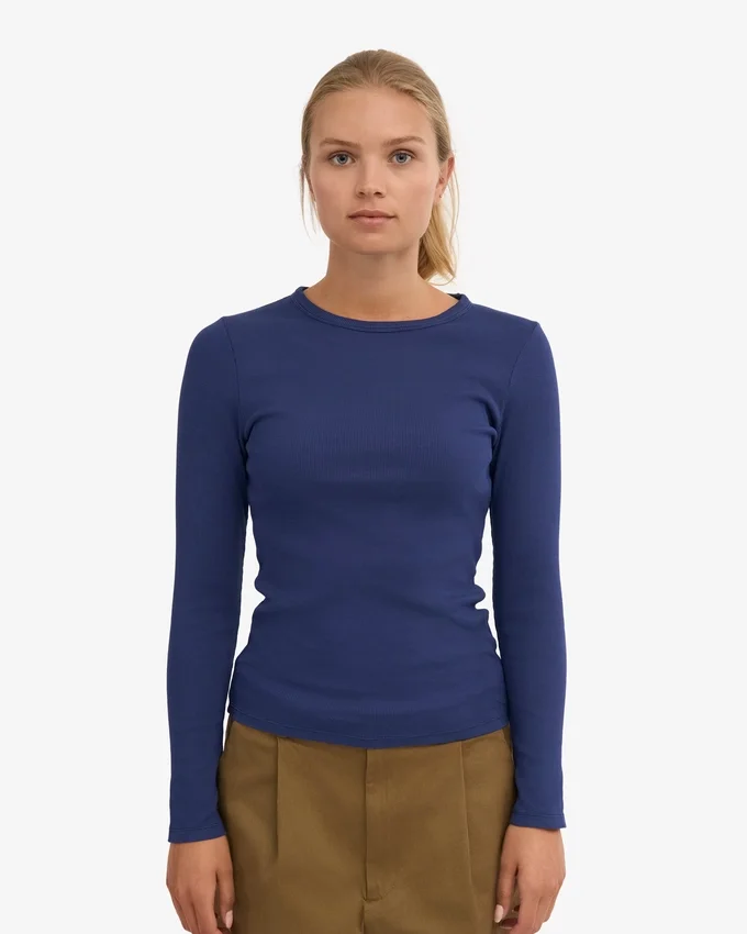 T-shirt à manches longues en coton bio à côtes pour femme - Bleu marine