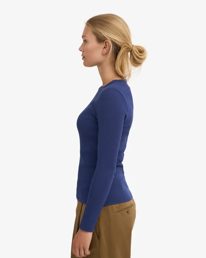 T-shirt à manches longues en coton bio à côtes pour femme - Bleu marine