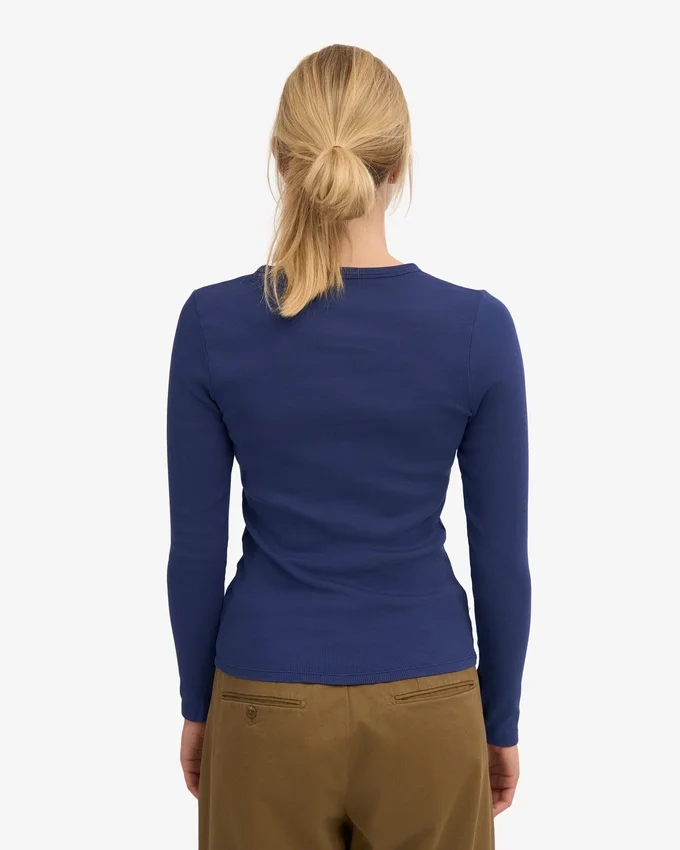 T-shirt à manches longues en coton bio à côtes pour femme - Bleu marine