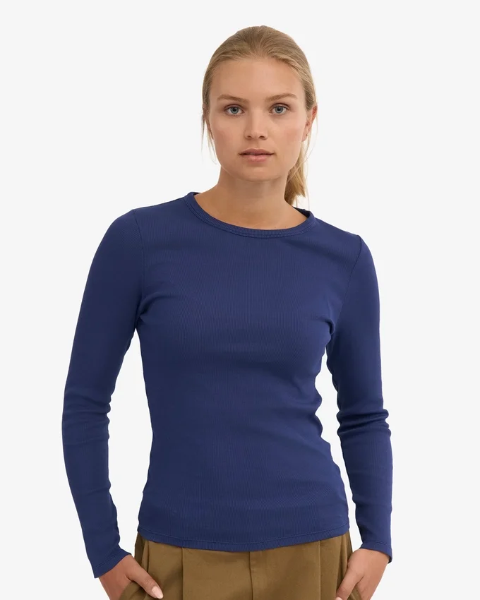 T-shirt à manches longues en coton bio à côtes pour femme - Bleu marine
