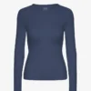 T-shirt à manches longues en coton bio à côtes pour femme - Bleu pétrole