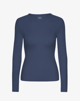 T-shirt à manches longues en coton bio à côtes pour femme - Bleu pétrole