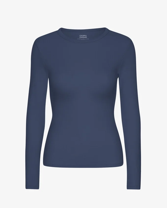 T-shirt à manches longues en coton bio à côtes pour femme - Bleu pétrole