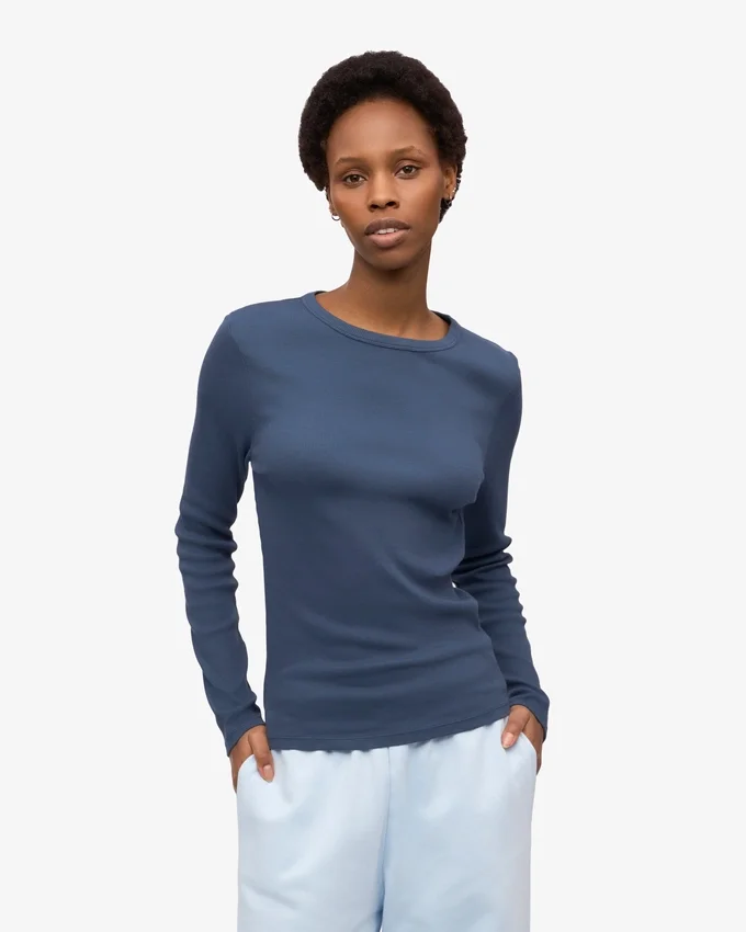 T-shirt à manches longues en coton bio à côtes pour femme - Bleu pétrole