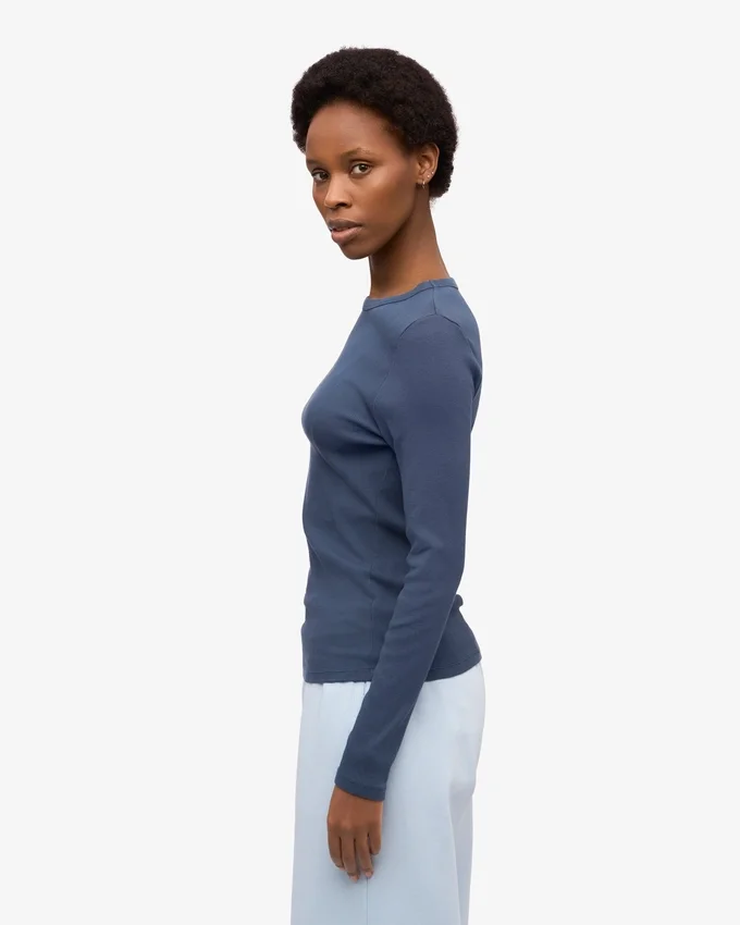 T-shirt à manches longues en coton bio à côtes pour femme - Bleu pétrole
