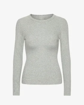 T-shirt à manches longues en coton bio à côtes pour femme - Gris chiné