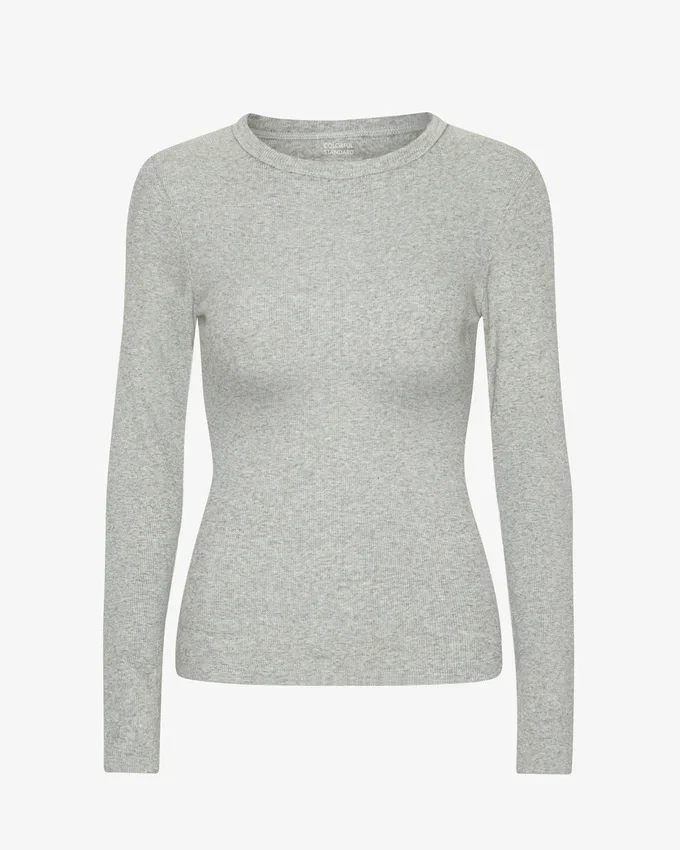 T-shirt à manches longues en coton bio à côtes pour femme - Gris chiné