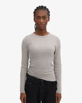 T-shirt à manches longues en coton bio à côtes pour femme – Gris chiné