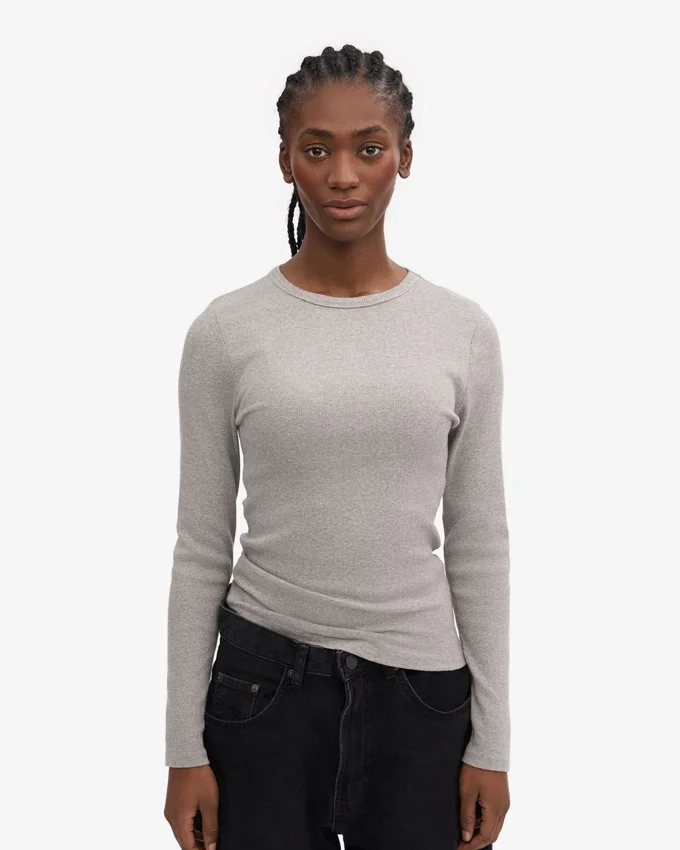 T-shirt à manches longues en coton bio à côtes pour femme - Gris chiné