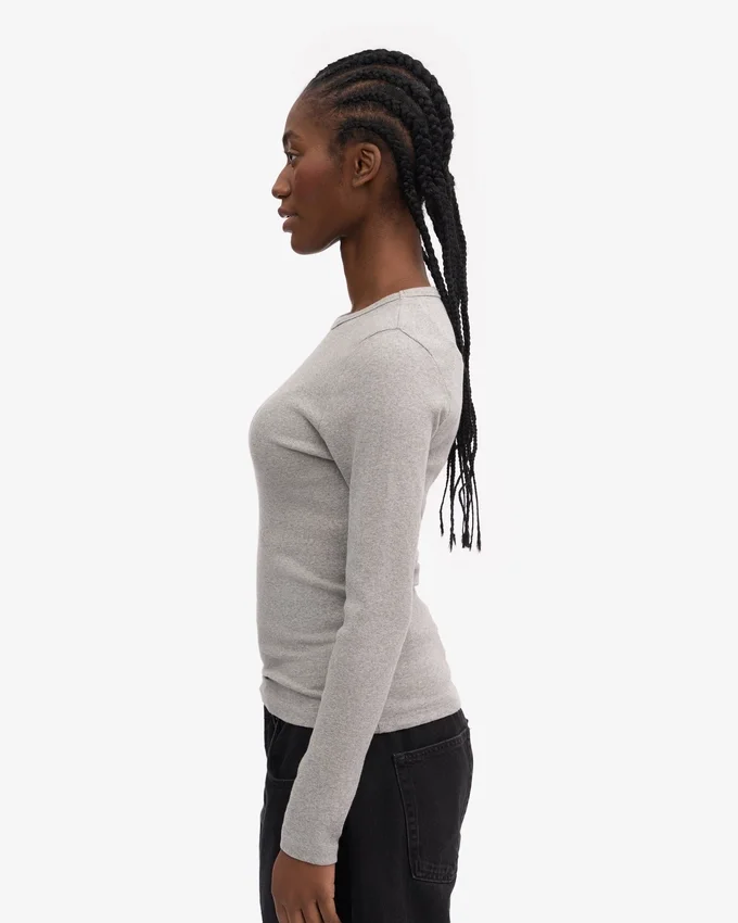 T-shirt à manches longues en coton bio à côtes pour femme - Gris chiné