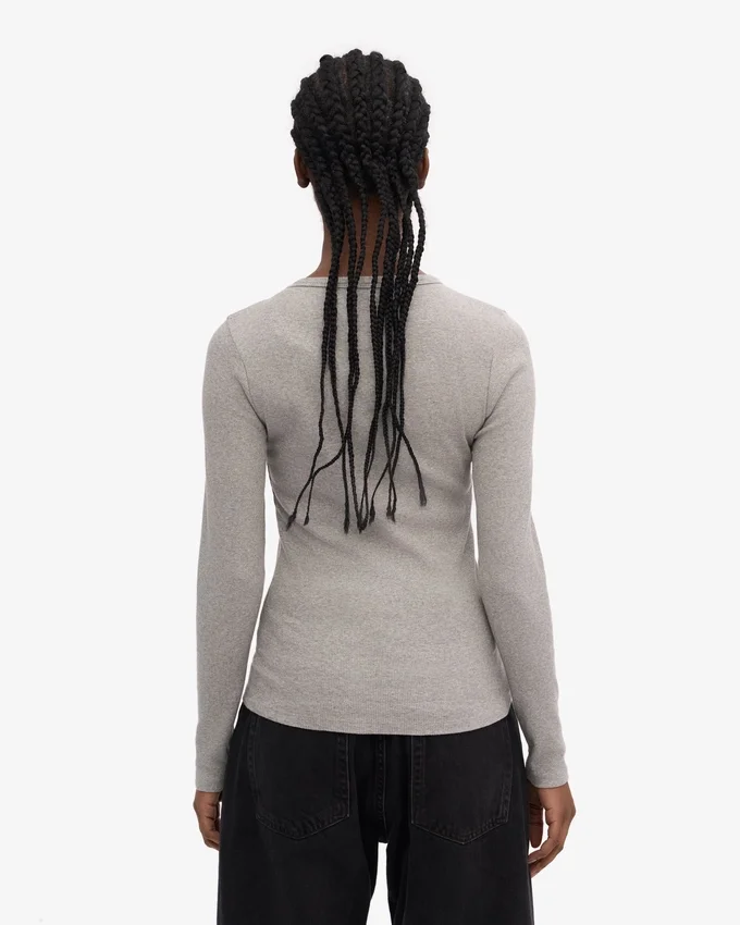 T-shirt à manches longues en coton bio à côtes pour femme - Gris chiné