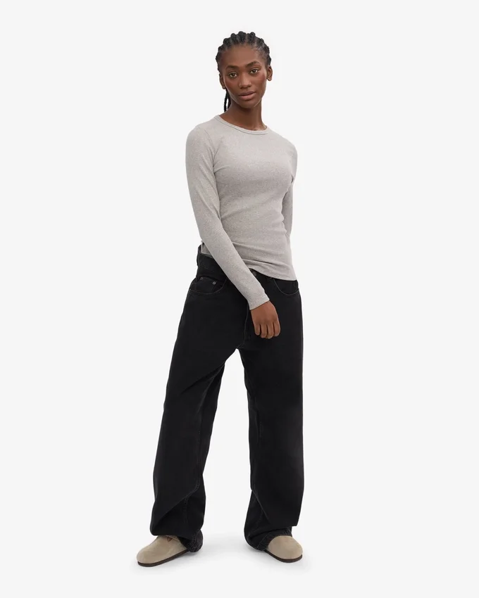 T-shirt à manches longues en coton bio à côtes pour femme - Gris chiné