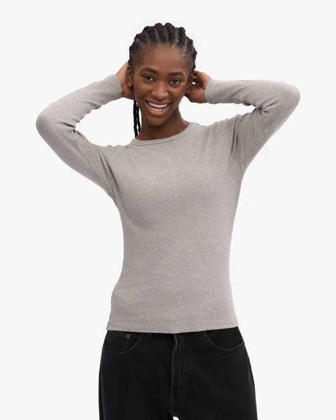 T-shirt à manches longues en coton bio à côtes pour femme - Gris chiné