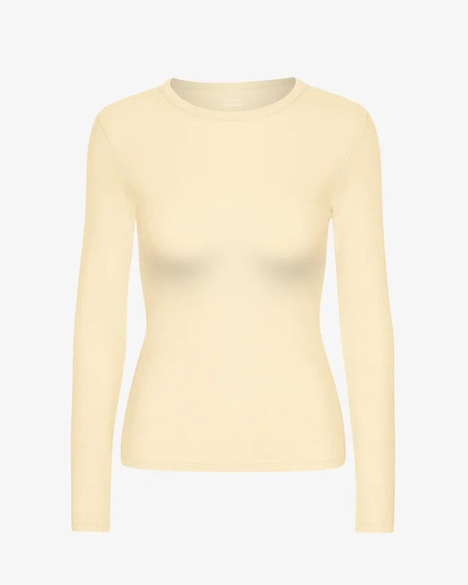 T-shirt à manches longues en coton bio à côtes pour femme - Jaune pâle