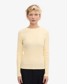 T-shirt à manches longues en coton bio à côtes pour femme – Jaune pâle
