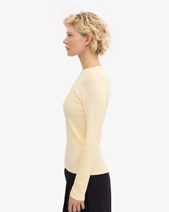 T-shirt à manches longues en coton bio à côtes pour femme - Jaune pâle