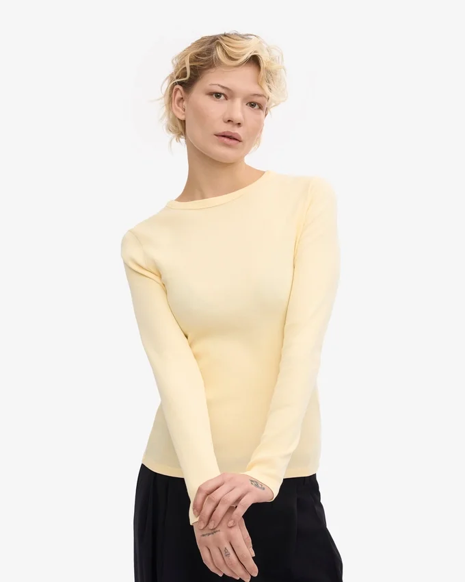 T-shirt à manches longues en coton bio à côtes pour femme - Jaune pâle
