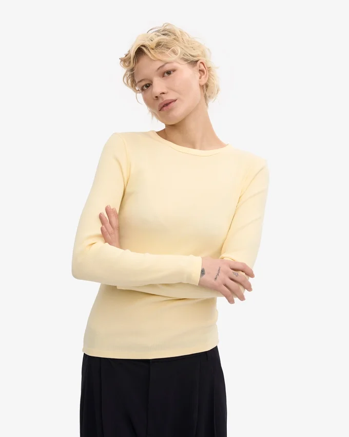 T-shirt à manches longues en coton bio à côtes pour femme - Jaune pâle