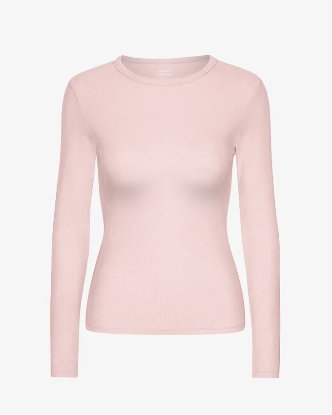 T-shirt à manches longues en coton bio à côtes pour femme - Rose délavé