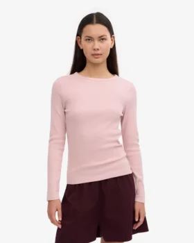 T-shirt à manches longues en coton bio à côtes pour femme – Rose délavé