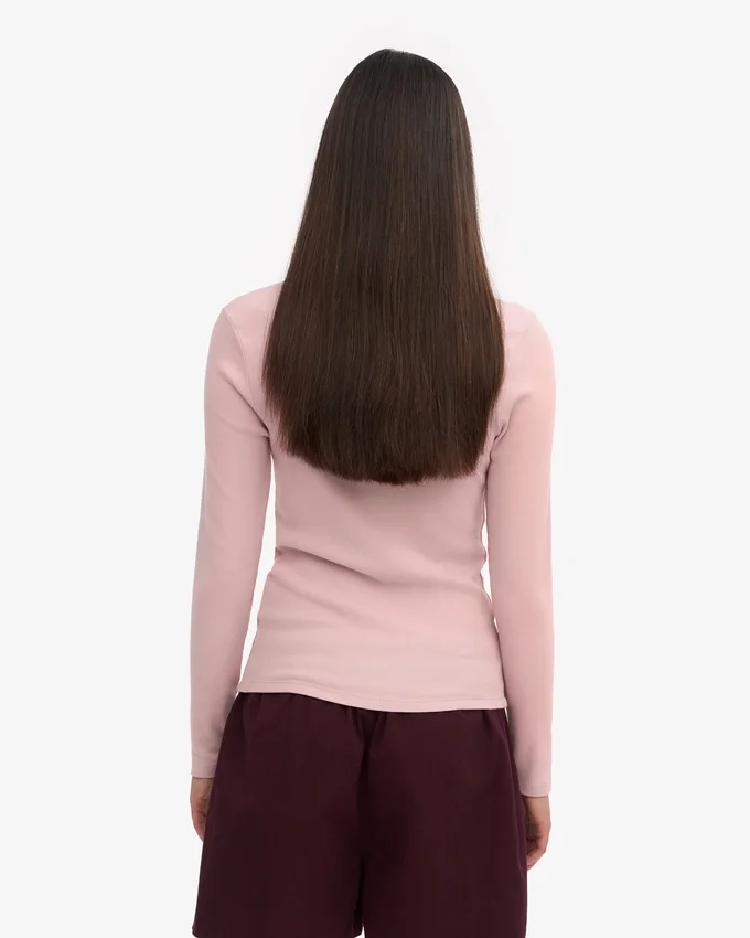 T-shirt à manches longues en coton bio à côtes pour femme - Rose délavé