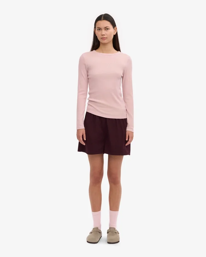 T-shirt à manches longues en coton bio à côtes pour femme - Rose délavé