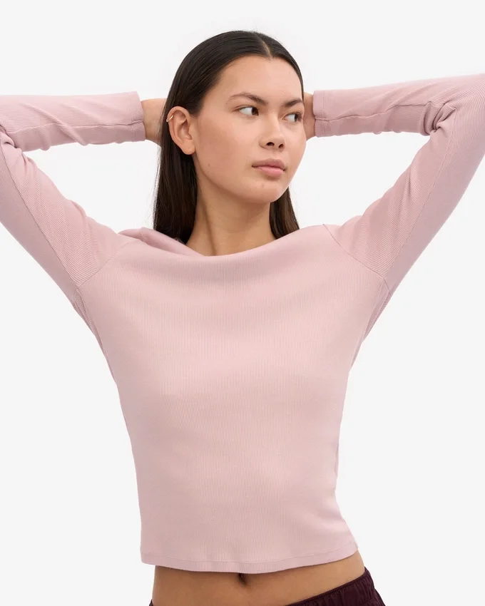 T-shirt à manches longues en coton bio à côtes pour femme - Rose délavé