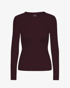 T-shirt à manches longues en coton bio à côtes pour femme - Rouge sang de bœuf
