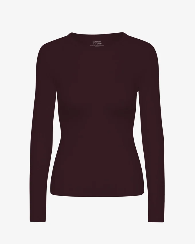 T-shirt à manches longues en coton bio à côtes pour femme - Rouge sang de bœuf