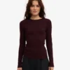 T-shirt à manches longues en coton bio à côtes pour femme - Rouge sang de bœuf