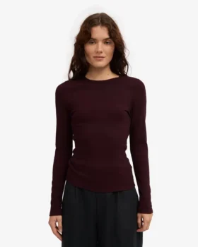 T-shirt à manches longues en coton bio à côtes pour femme – Rouge sang de bœuf